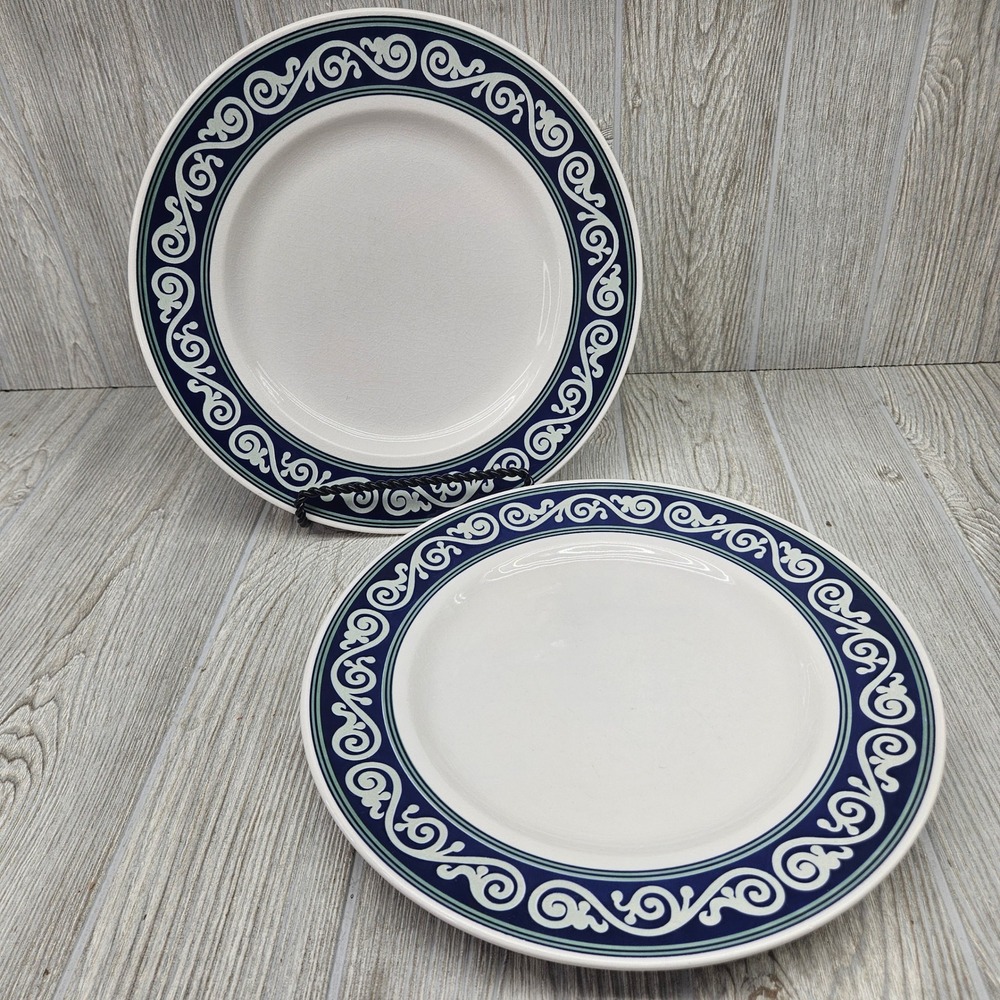 Pier 1 Vitra Scroll Navy Blue White Ironstone Dinner Plates Set of 2 Brazil 11in